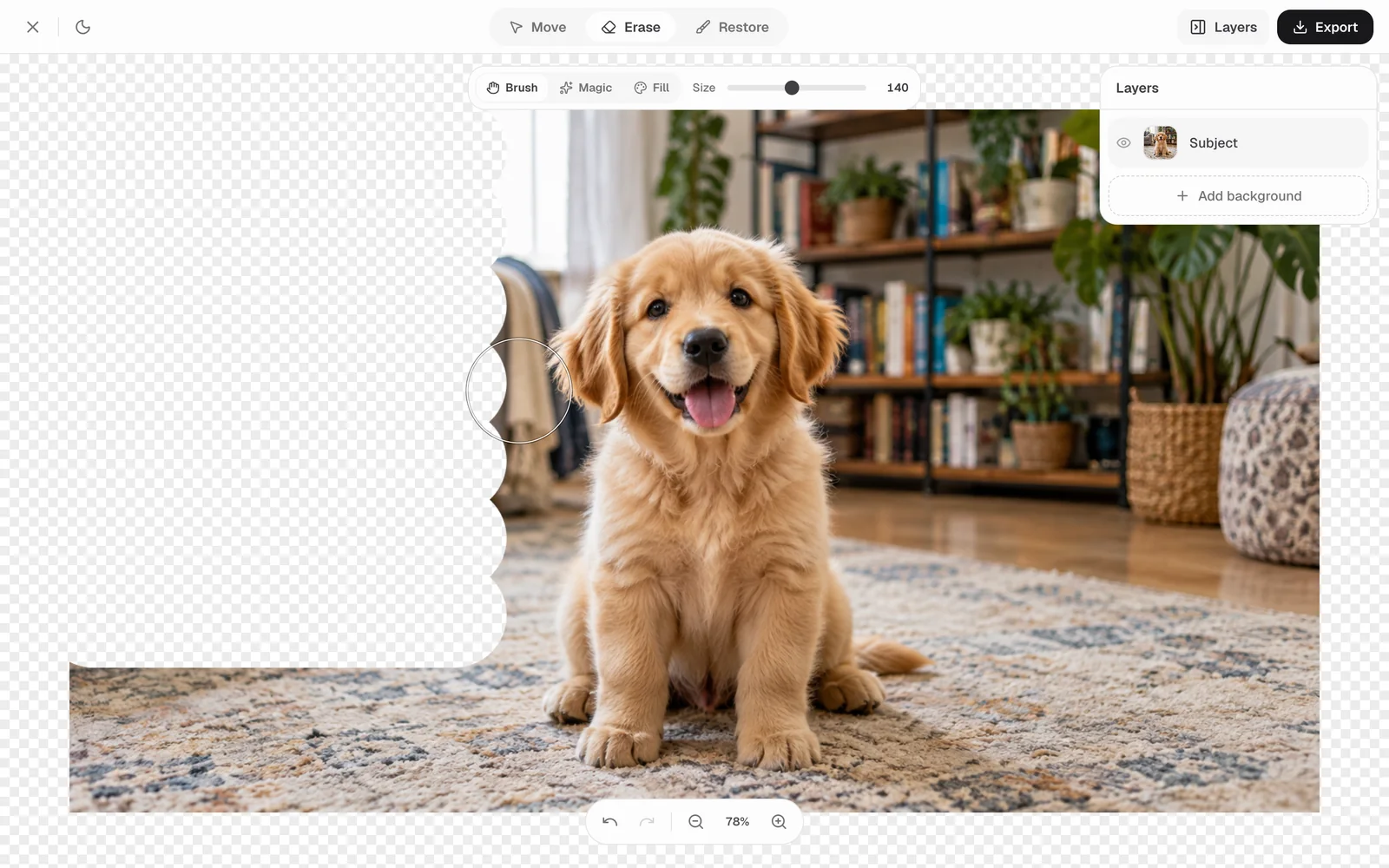 The nobg editor with part of a photo's background erased by hand