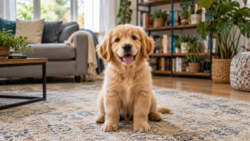 A puppy sitting on a rug in a living room