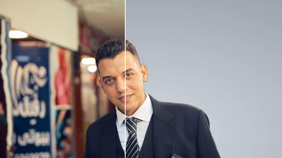 A man in a suit photographed in a busy shop, and the same photo on a grey studio backdrop
