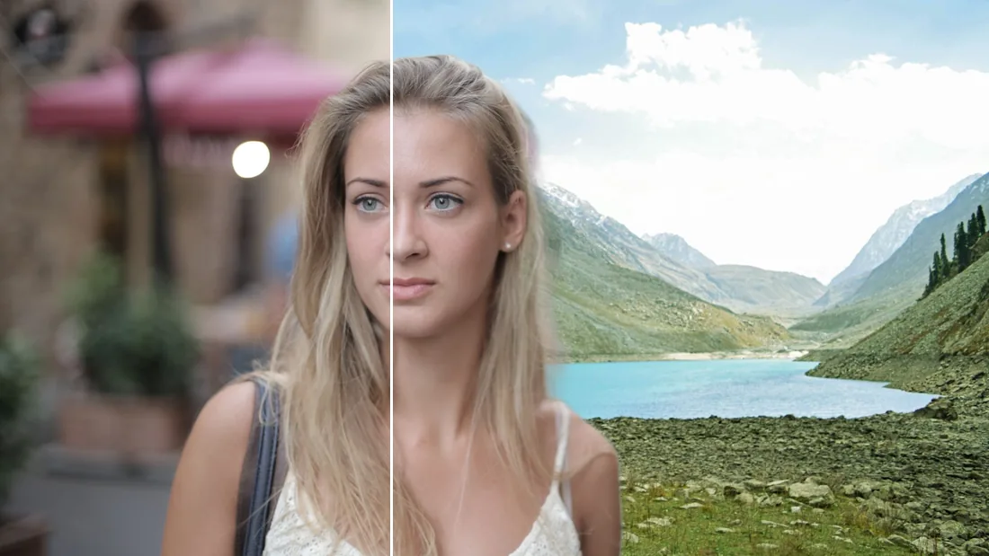 A portrait on a city street, and the same person moved onto a mountain lake