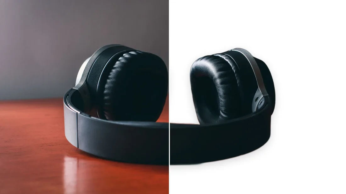 Headphones photographed on a table, and the same headphones on a pure white background
