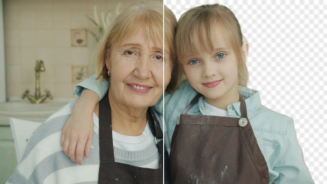 A family photo of a grandmother and granddaughter, and the same photo with the background removed
