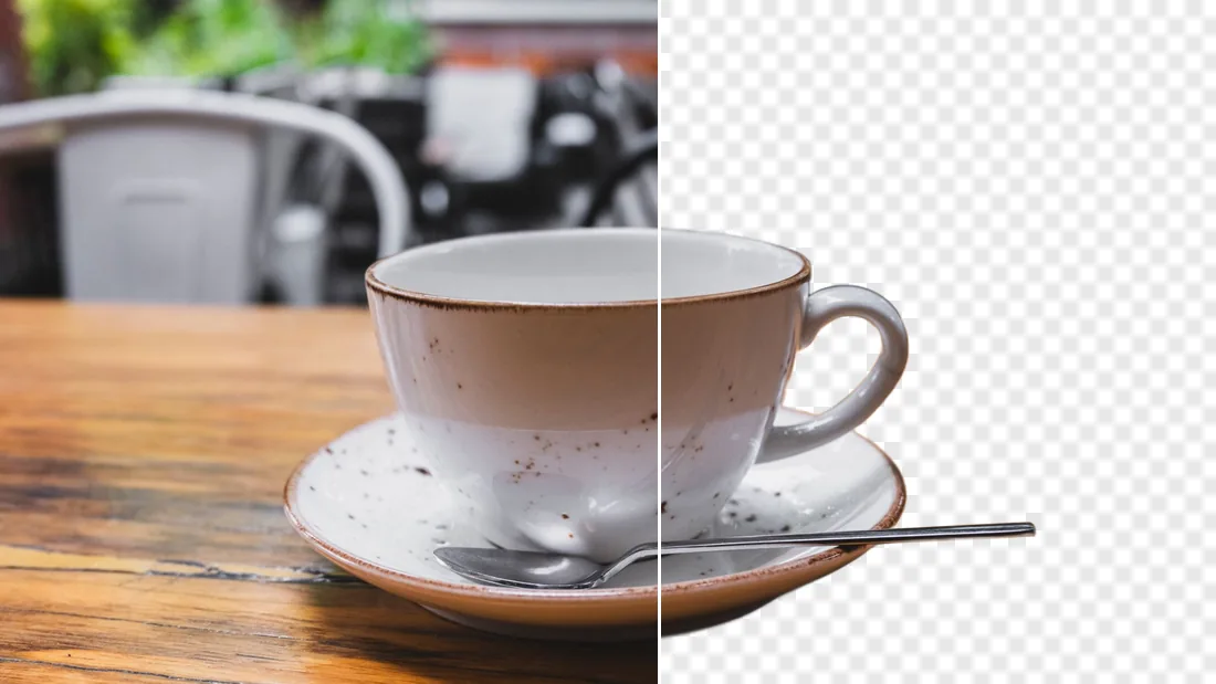 A JPG of a coffee cup on a café table, converted to a transparent PNG