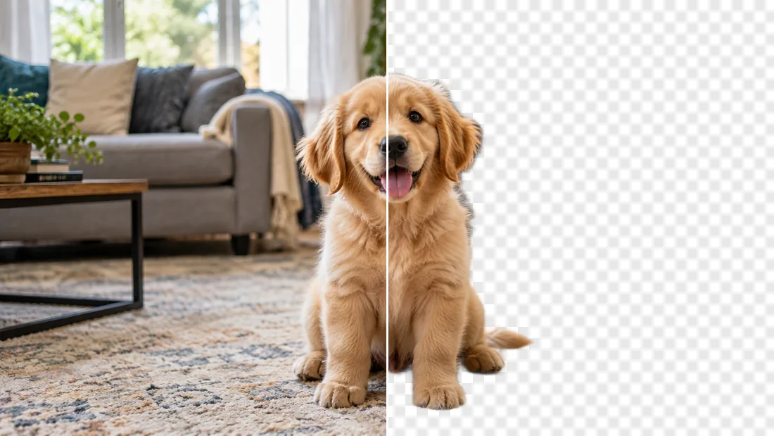 A puppy photo, and the same photo with the background removed