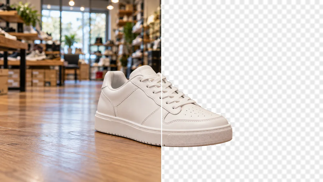 A sneaker photographed in a shop, and the same sneaker cut out on a transparent background